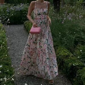 Lima Jardiniera Tiered Floral Linen Maxi Dress